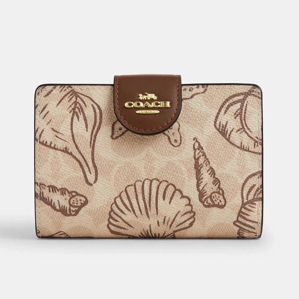 NWT Coach Medium Corner Zip Wallet Signature Canvas Shell Print CBO36 Gold/Sand
